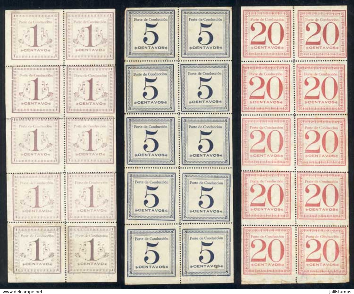 PERU: Sc.Q1 + Q3 + Q5, 1897, 1c. Light Lilac, 5c. Dark Blue And 20c. Rose Red, COMPLETE SHEETS Of 10 Examples, Very Fine - Peru