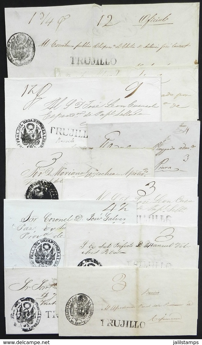 PERU: 10 Folded Covers With Clear Strikes Of Straightline "TRUJILLO" In Black, Varied Ratings And Destinations, VF Gener - Peru