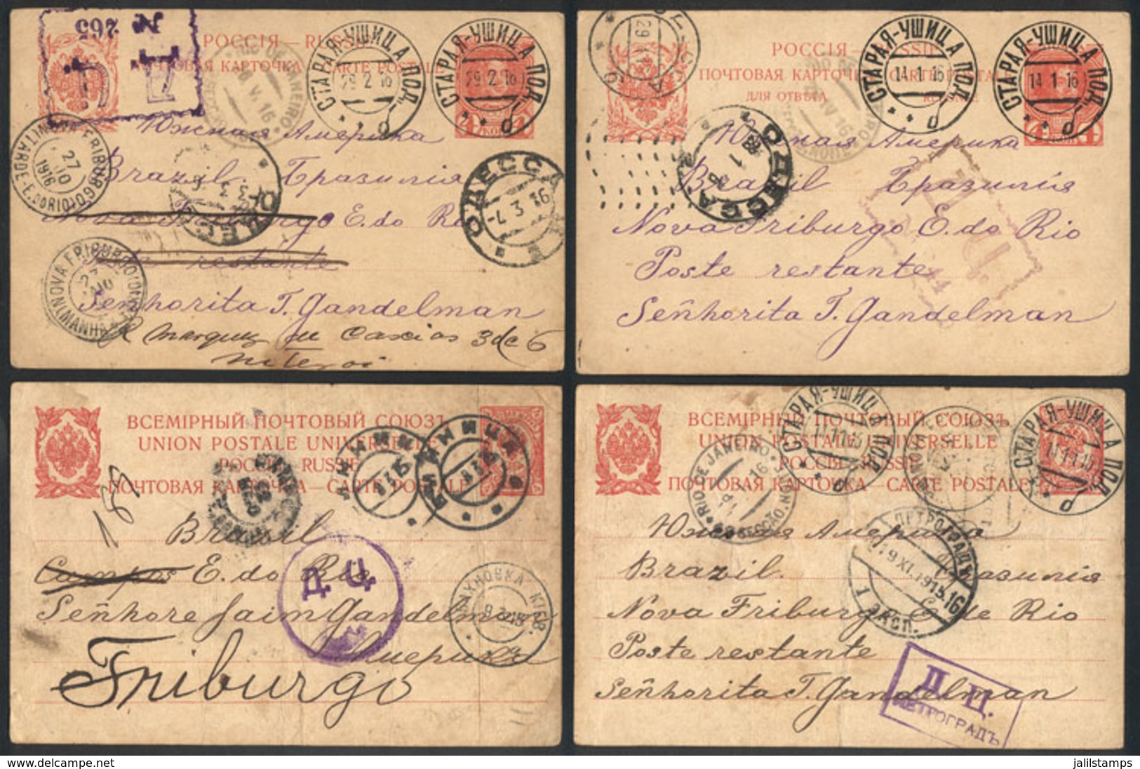 RUSSIA: 10 Postal Cards Sent To Brazil Between 1915 And 1916, Interesting Postal And Censor Marks (some With Brazilian C - Autres & Non Classés