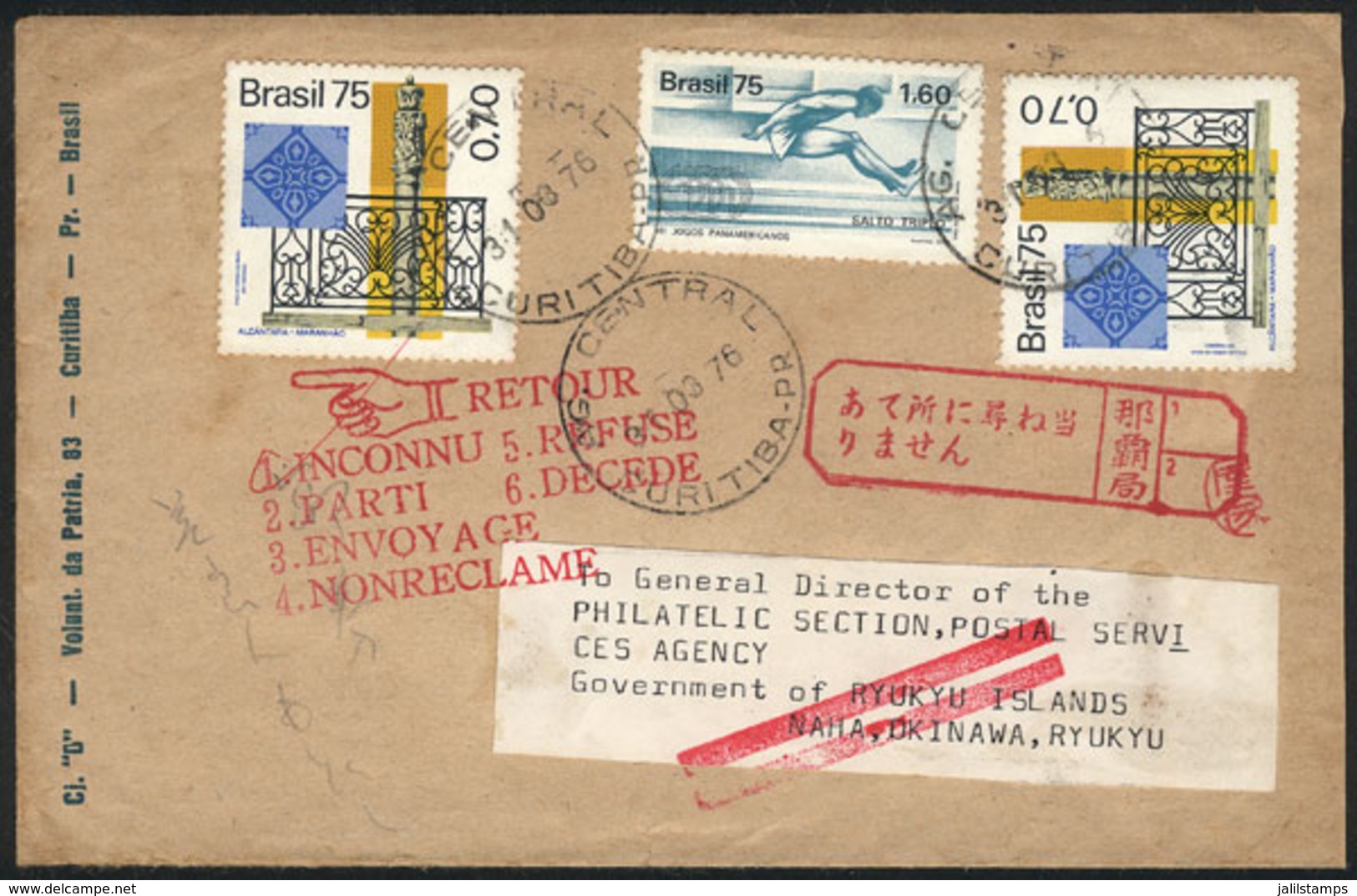 RYU KYU: Cover Sent From Brazil To Naha And Returned To Sender With Interesting Japanese Postal Markings, VF! - Andere & Zonder Classificatie