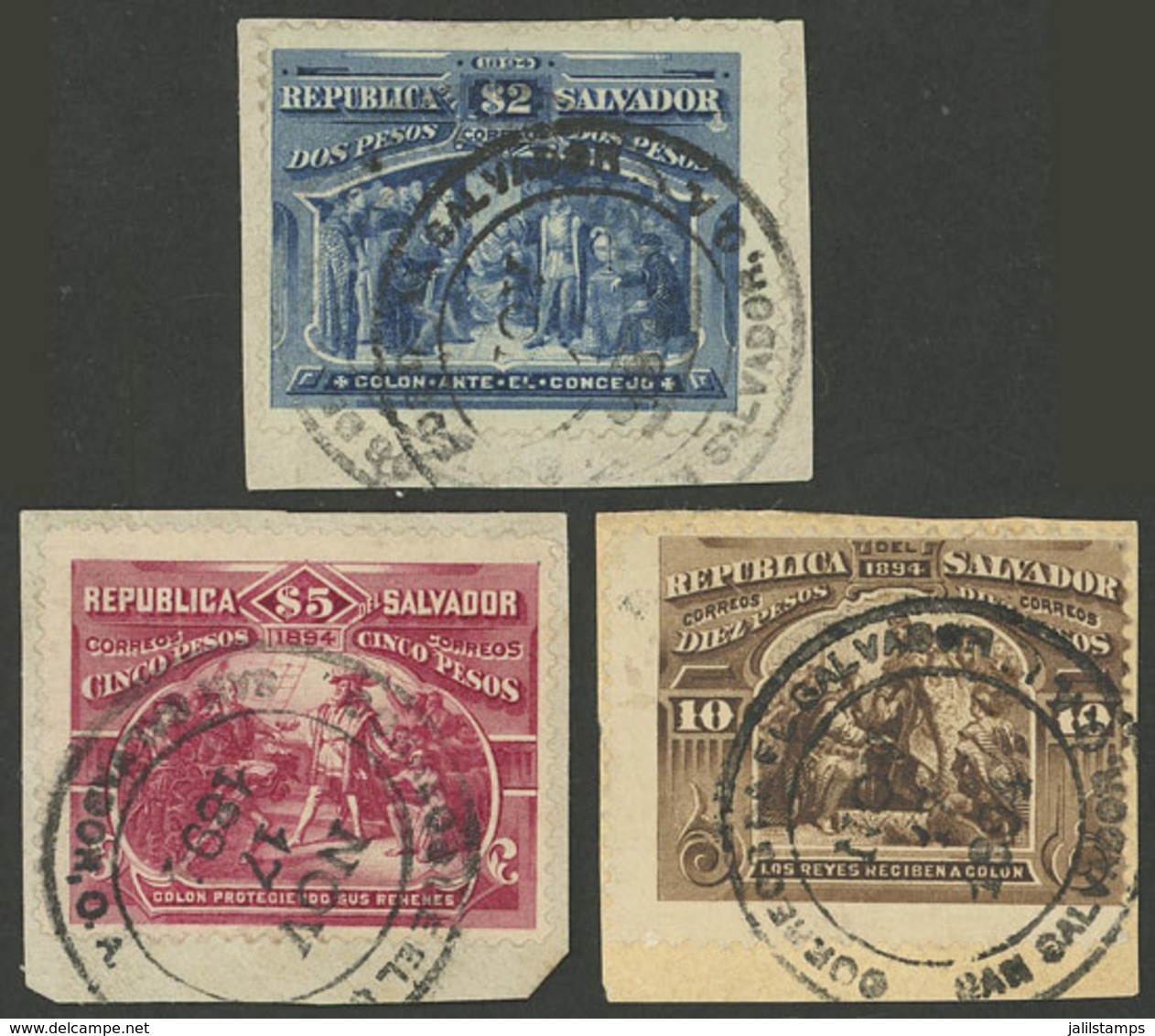 EL SALVADOR: Sc.101/103, 1894 Columbus, The 3 High Values Of The Set On Fragments, Postally USED, VF Quality, Rare! - El Salvador