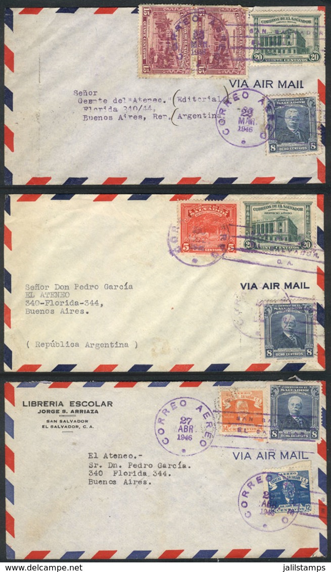 EL SALVADOR: 3 Covers Sent To Argentina In 1946, Nice Postages, Very Fine Quality! - El Salvador