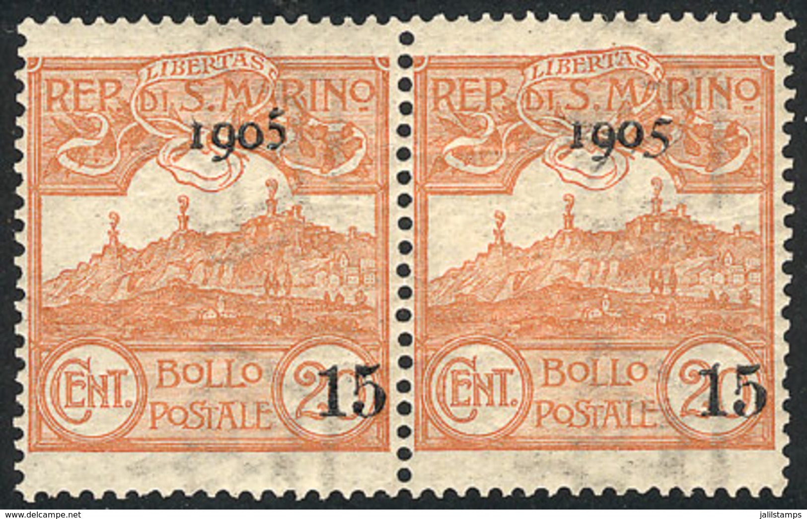 SAN MARINO: Yvert 40 + 46a, 1905 Provisional Of 15c., Pair With Both Overprint Types, VF Quality! - Other & Unclassified