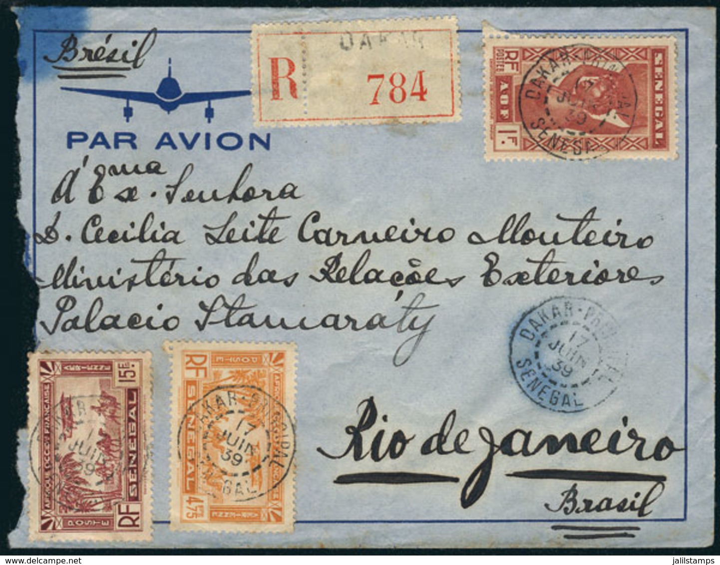 SENEGAL: Registered Airmail Cover Franked With 20.75Fr. (Sc.C8 + C11 + Another Value), Sent From Dakar To Rio De Janeiro - Sénégal (1960-...)