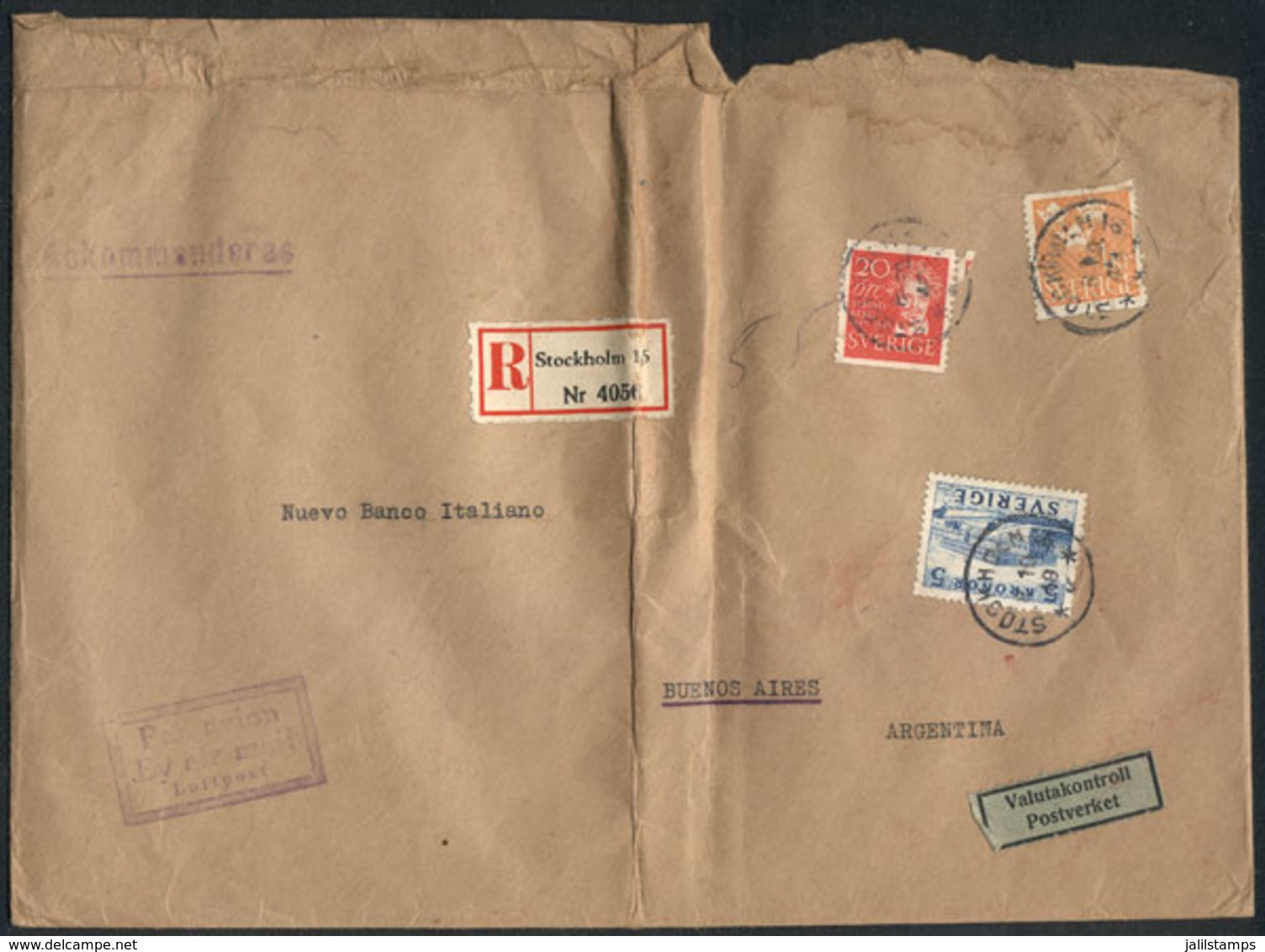 SWEDEN: Cover Franked With High Postage Of 6.20Kr. And Sent By Registered Airmail To Argentina On 8/OC/1949, With Minor  - Autres & Non Classés