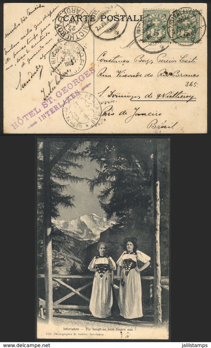 SWITZERLAND: PC Franked With 10c. And Sent From Interlaken To Brazil On 28/JUL/1905, With Good Number Of Postal Marks, V - Otros & Sin Clasificación