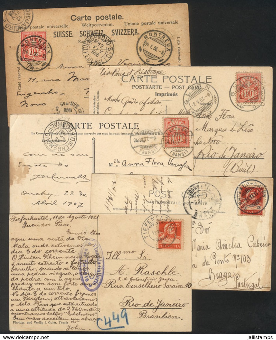 SWITZERLAND: 5 Postcards Sent To Brazil Between 1906 And 1921, Interesting Postmarks And Very Good Views, Opportunity! - Autres & Non Classés