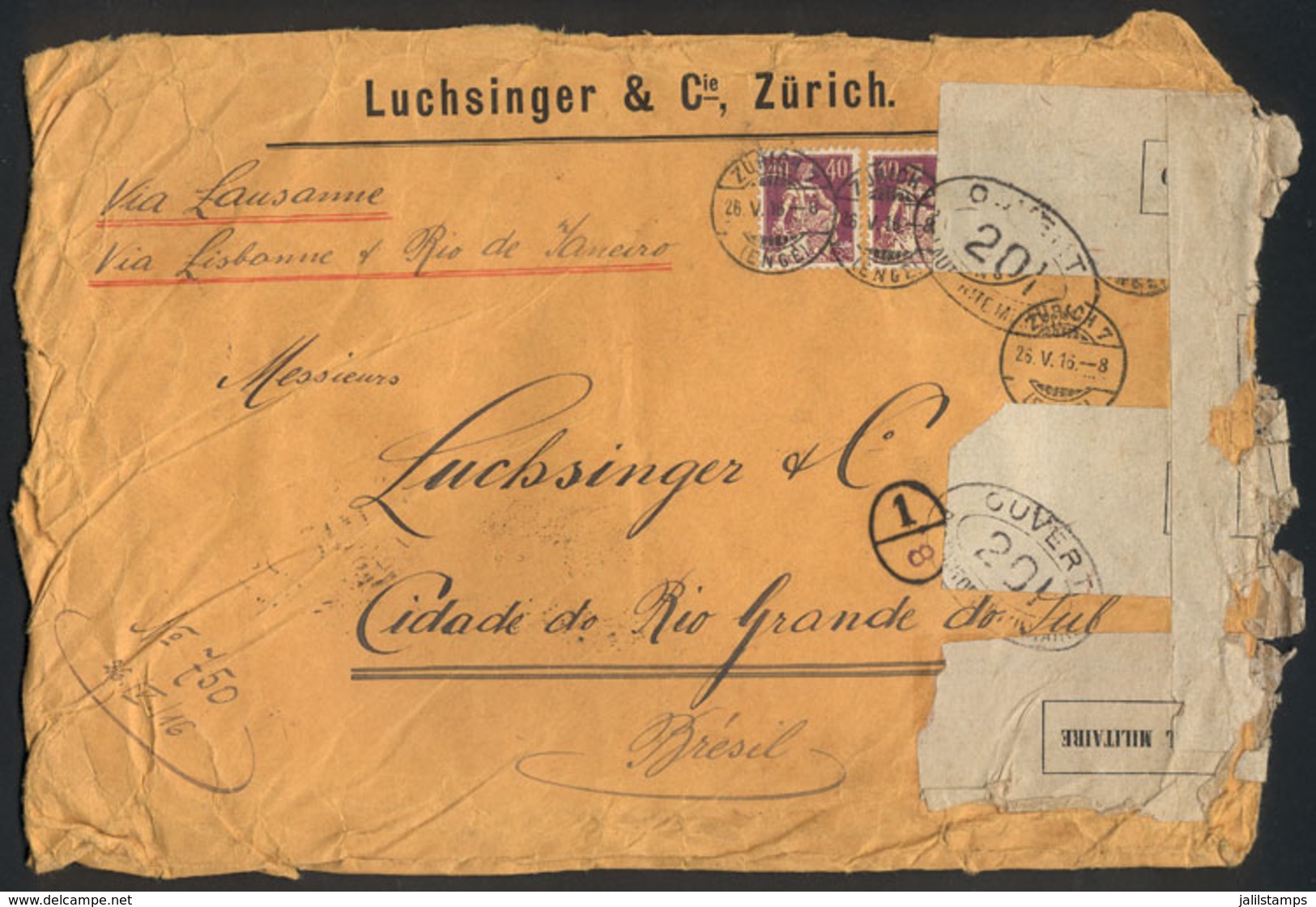 SWITZERLAND: Cover Sent From Zürich To Brazil On 26/MAY/1916, With Notable Censor Marks! - Otros & Sin Clasificación