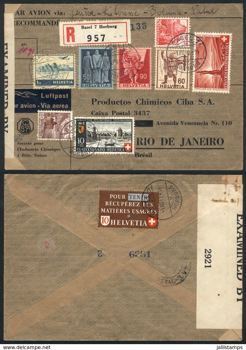 SWITZERLAND: Registered Airmail Cover Sent From Basel To Rio De Janeiro On 1/AU/1942 Franked With 3.70Fr., Censored, VF  - Sonstige & Ohne Zuordnung