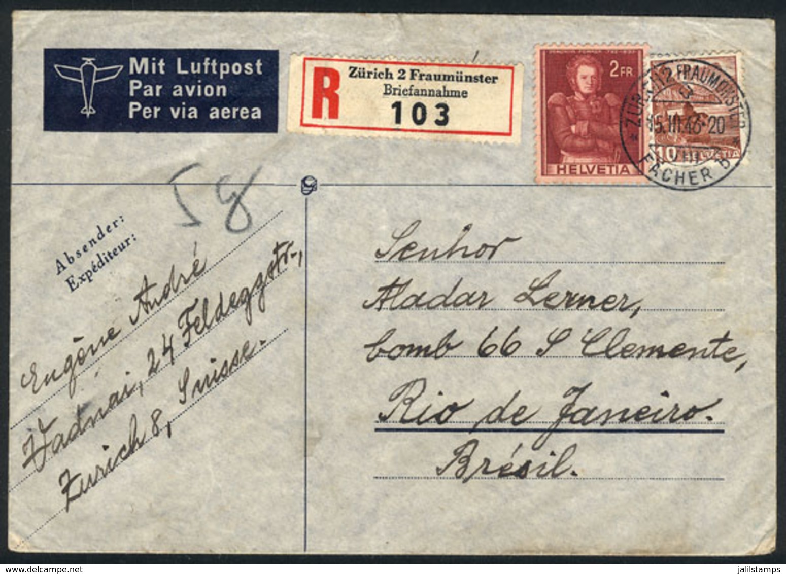 SWITZERLAND: Registered Airmail Cover Sent From Zürich To Rio De Janeiro On 15/MAR/1946 Franked With 2,100Fr., Very Nice - Otros & Sin Clasificación