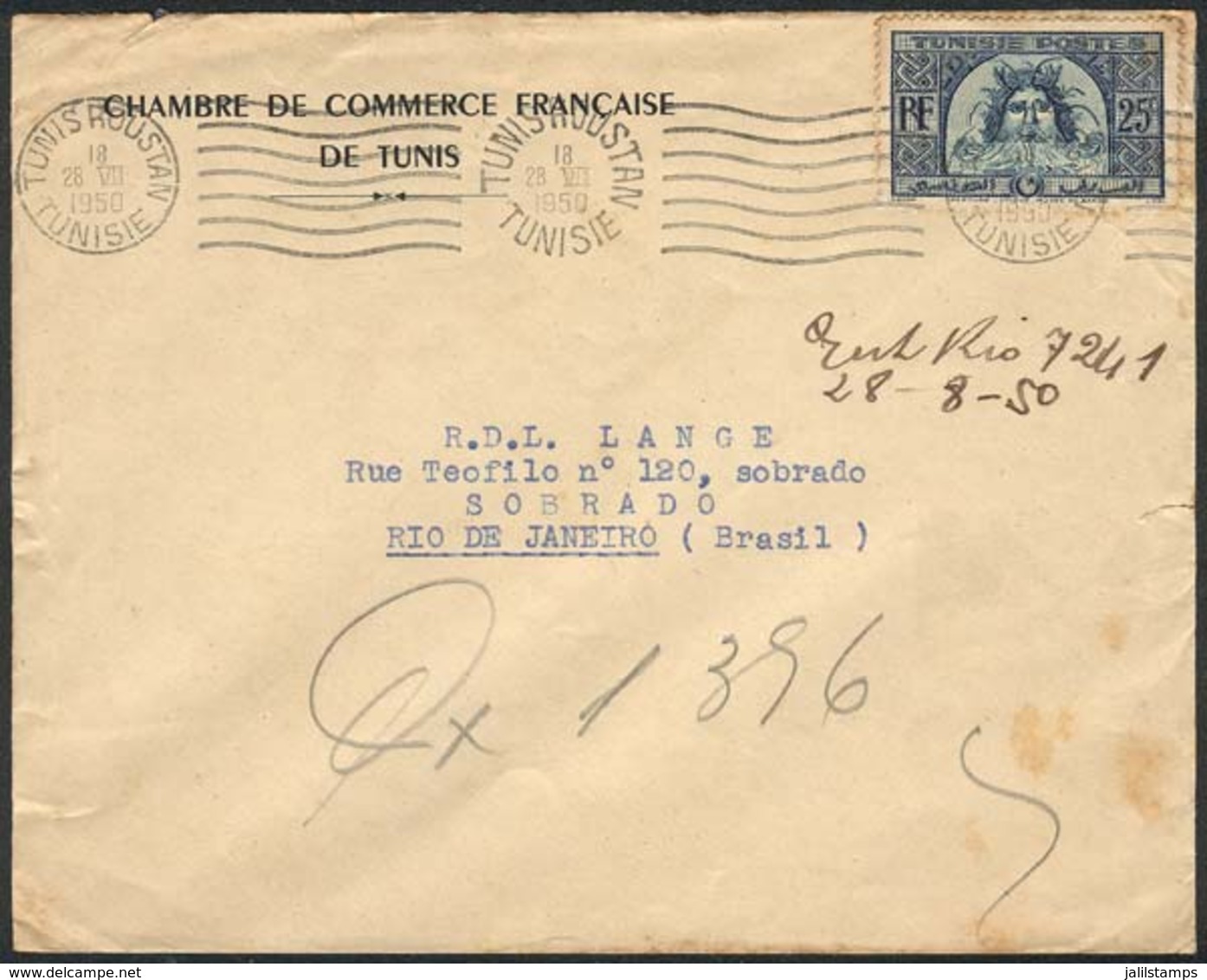 TUNISIA: Cover Sent To Brazil On 28/JUL/1950, Unusual Destination! - Other & Unclassified