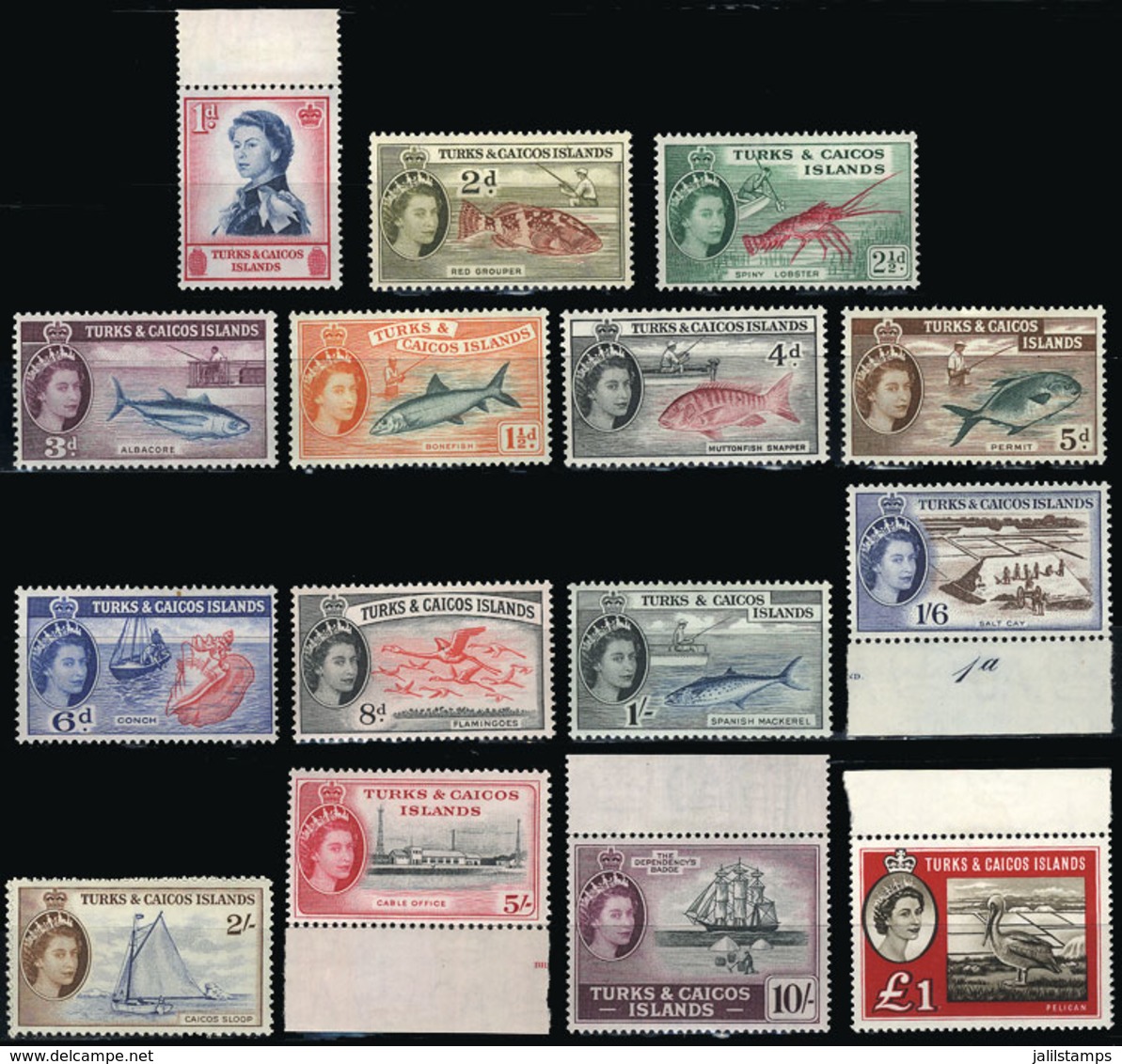 TURKS & CAICOS: Sc.121/135, 1957/60 Fish, Birds Etc., Cmpl. Set Of 15 Values, MNH (the High Values) And The Rest With Ti - Turcas Y Caicos