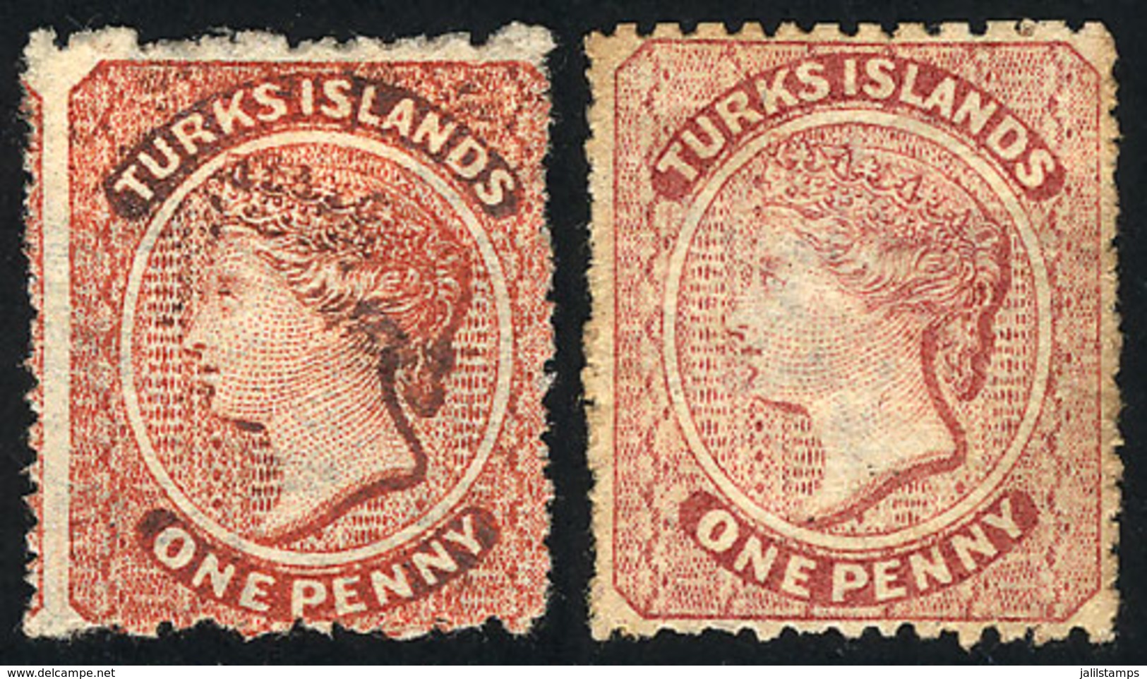 TURKS ISLANDS: Sc.4/5, 1873/9 1p. In The 2 Colors, Mint No Gum, Fine To VF Quality, Catalog Value US$120. - Turks & Caicos (I. Turques Et Caïques)