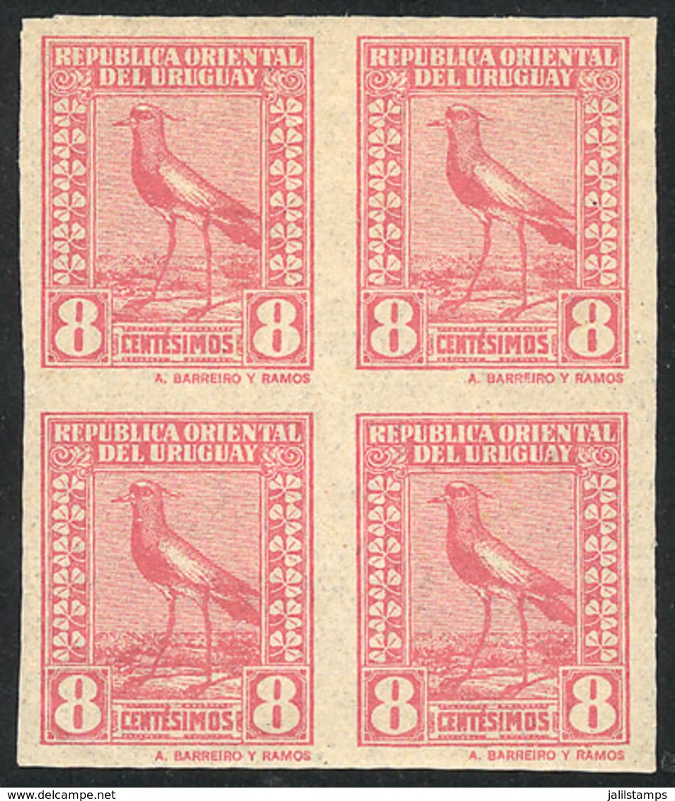 URUGUAY: Sc.290, 1924 Tero Southern Lapwing 8c., IMPERFORATE BLOCK OF 4, Excellent Quality (the Top Stamps Lightly Hinge - Uruguay