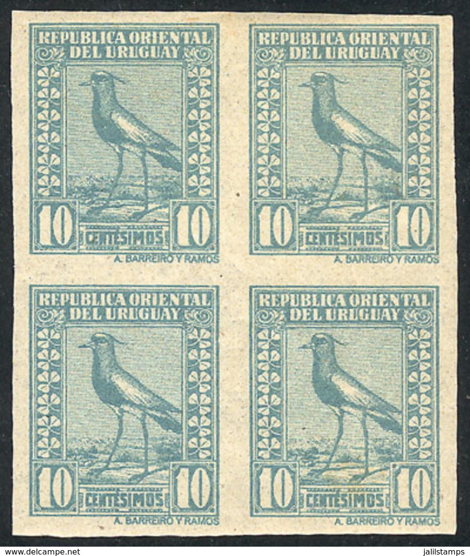 URUGUAY: Sc.291, 1924 Tero Southern Lapwing 10c., IMPERFORATE BLOCK OF 4, Excellent Quality (the Top Stamps Lightly Hing - Uruguay