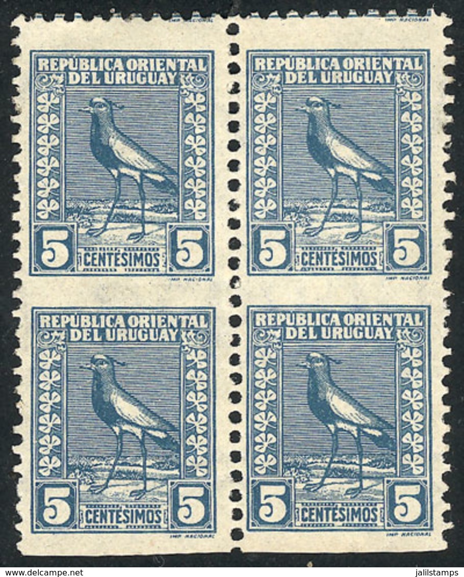 URUGUAY: Sc.321, 1926/7 Tero Southern Lapwing 5c., Block Of 4 IMPERFORATE HORIZONTALLY, Mint No Gum, VF Quality, Rare! - Uruguay