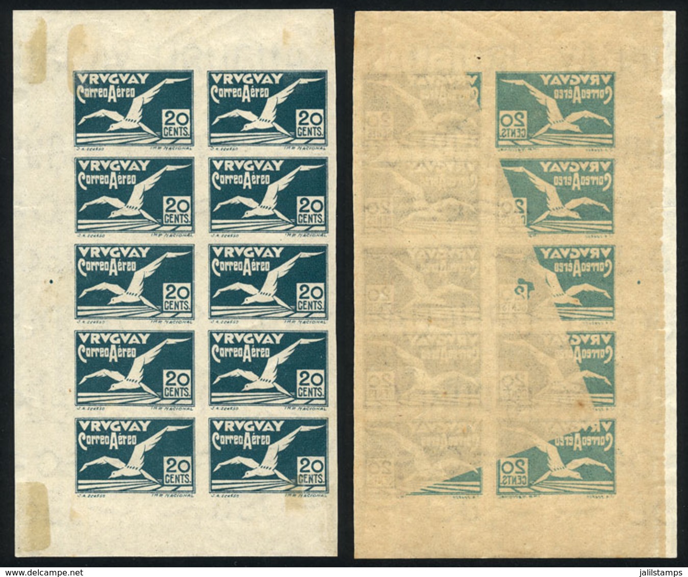 URUGUAY: Yvert 12, 1926 Albatross 20c. Green, Block Of 10, 7 With OFFSET Impression On Back, VF Quality - Uruguay