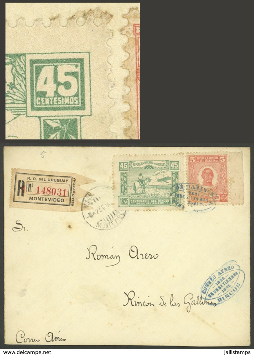 URUGUAY: Sc.C9, 1925 Gaucho And Airplane, With VARIETY: The 5 Of The Right Value Is Touching The Frame", On A Cover Flow - Uruguay