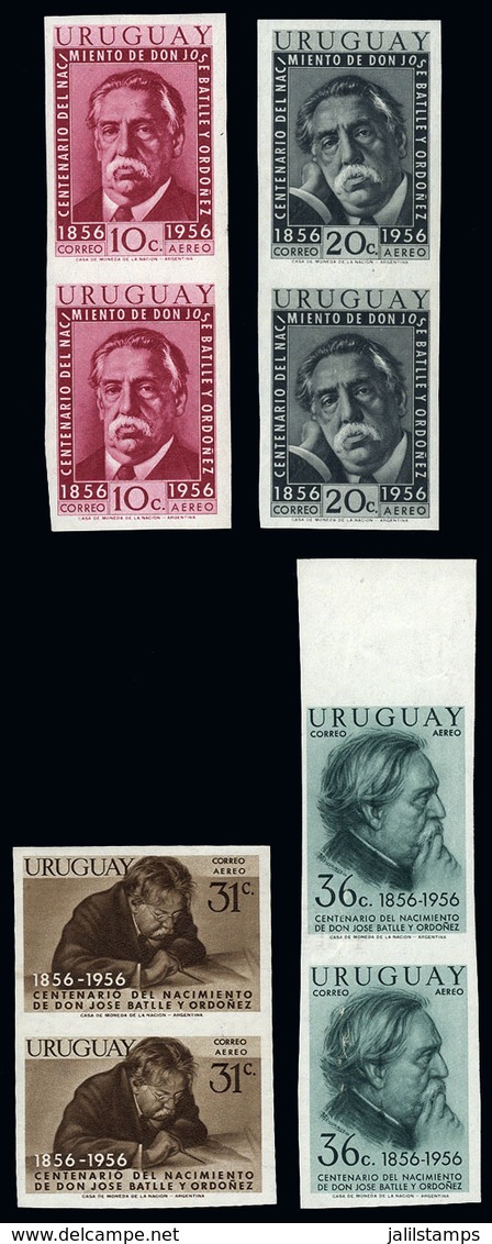 URUGUAY: Sc.C169/C172, 1956 José Battle Y Ordónez, The 4 Airmail Values Of The Set Of 6 In IMPERFORATE PAIRS, Very Fine  - Uruguay