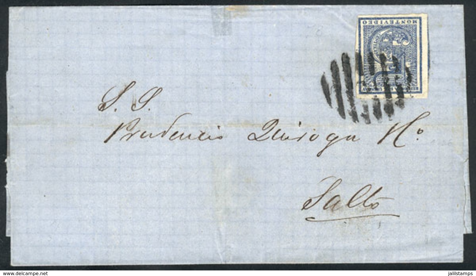 URUGUAY: Folded Cover Franked By Sc.30 (type 78A) With Barred N°3 Cancel, Sent From Montevideo To Salto On 3/JA/1869, Ex - Uruguay