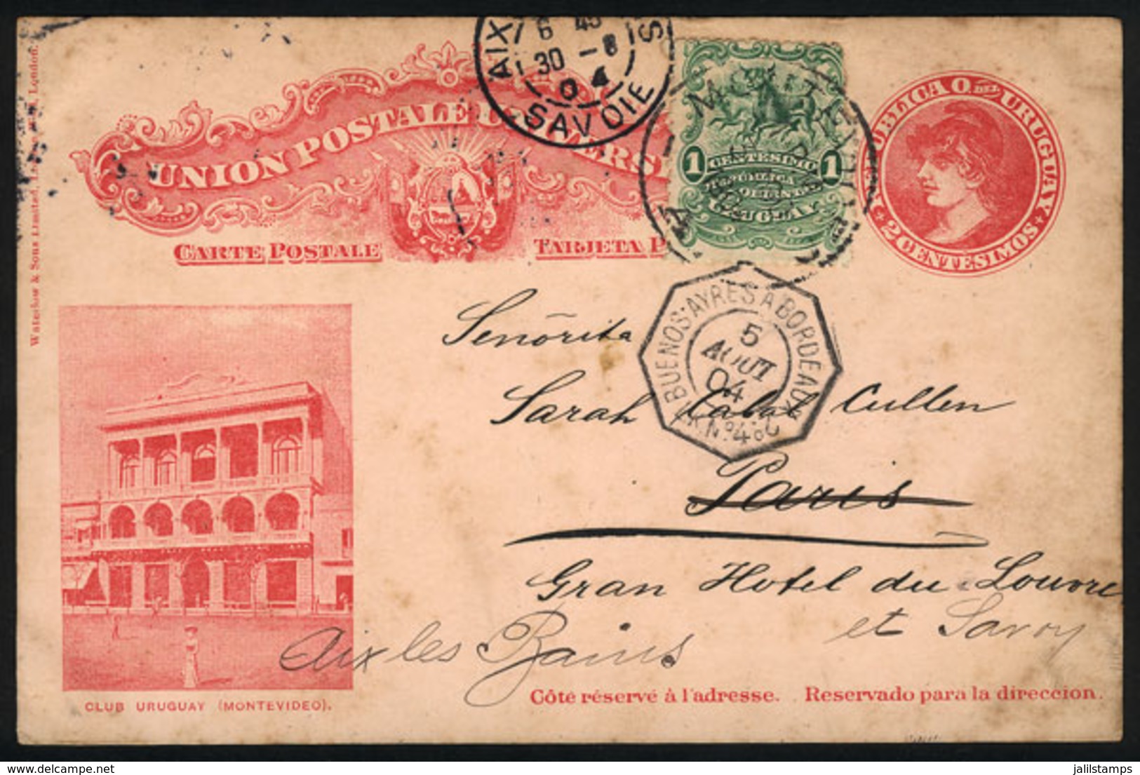 URUGUAY: 2c. Postal Card With View Of CLUB URUGUAY + Additional Postage Of 1c., Sent From Montevideo To France On 27/JUL - Uruguay