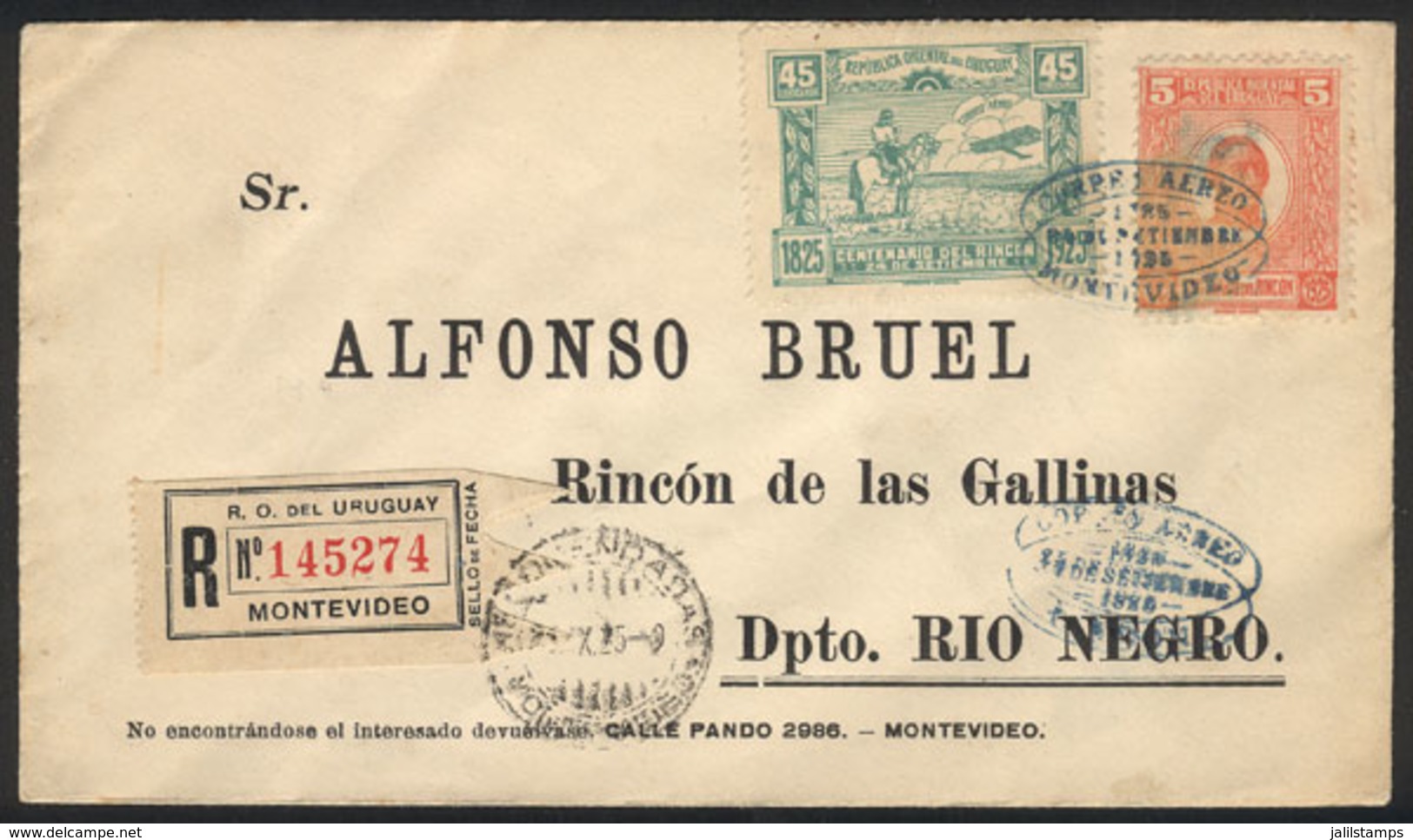 URUGUAY: 24/SE/1925 Montevideo - Rincón De Las Gallinas: First Flight, Registered Cover Of VF Quality! - Uruguay