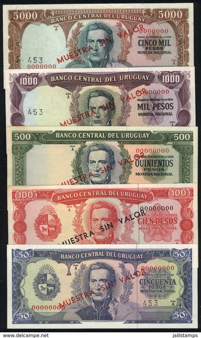 URUGUAY: 1967 Issue, Banknotes Of 50, 100, 500, 1000 And 5000 Pesos Overprinted "MUESTRA SIN VALOR", Serial "00000000" W - Uruguay