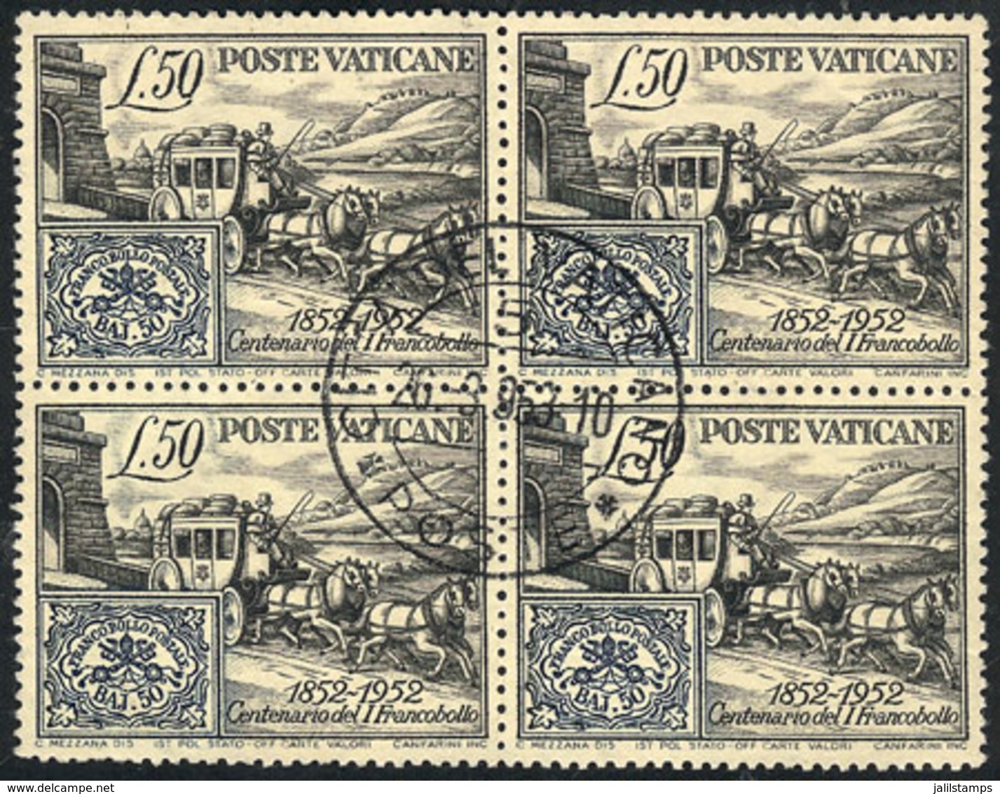 VATICAN: Yvert 173, 1952 Stamp Centenary, Beautiful Used Block Of 4, Excellent Quality! - Autres & Non Classés
