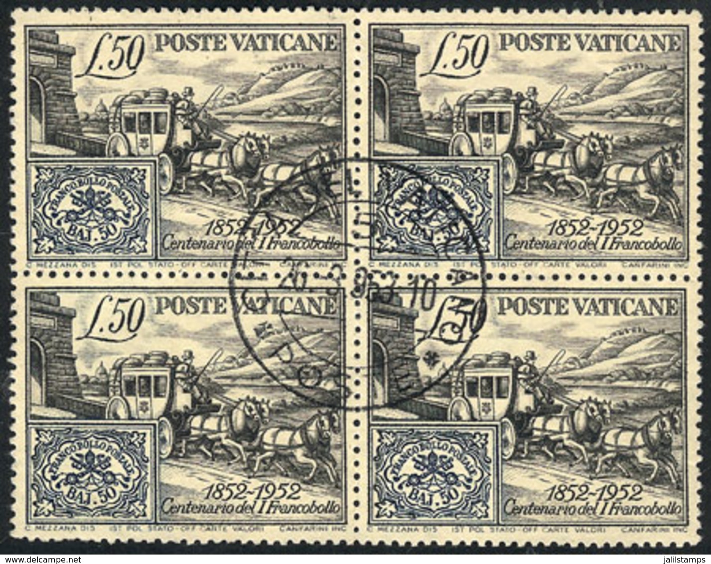 VATICAN: Yvert 173, 1952 Stamp Centenary, Beautiful Used Block Of 4, Excellent Quality! - Andere & Zonder Classificatie