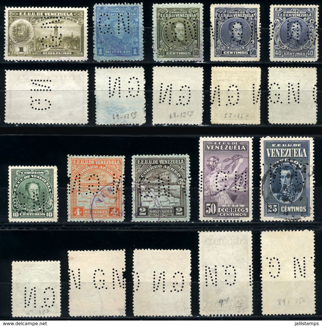 VENEZUELA: 10 Varied Used Stamps, All With "GN" Perfin, Very Fine Quality!" - Venezuela