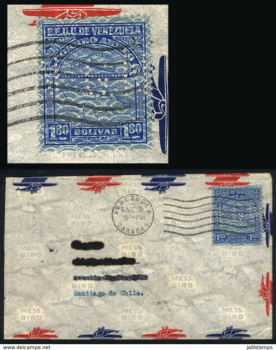 VENEZUELA: Cover Sent To Chile In 1937 With Airmail Stamp Of 1.80B. With "GN" Perfin, VF Quality!" - Venezuela