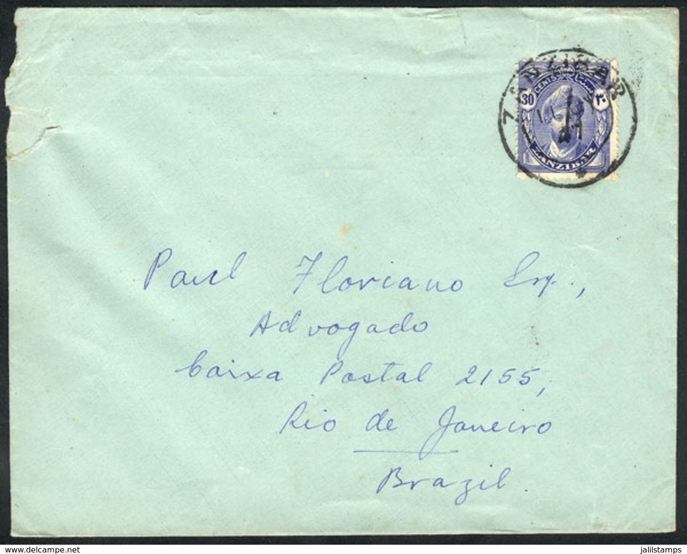 ZANZIBAR: Cover Franked With 30c. And Sent To Brazil On 11/JUL/1947, Extremely Rare Destination, VF Quality! - Zanzibar (...-1963)