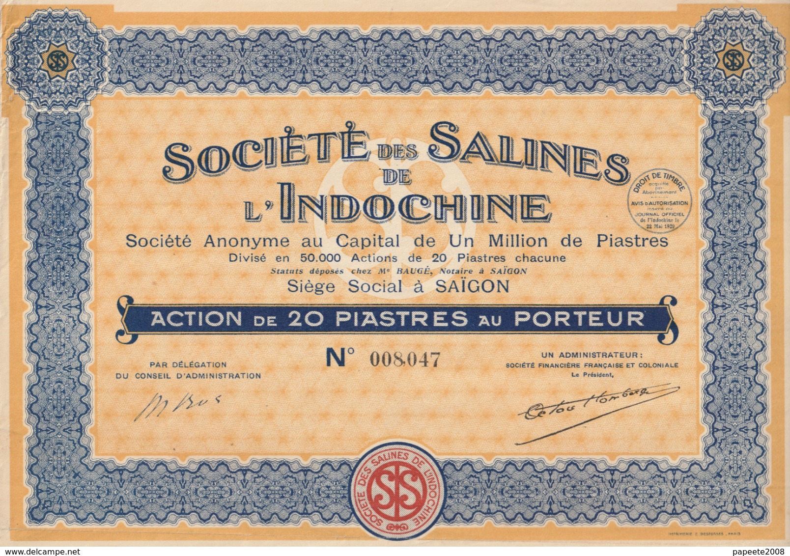 Indochine - Société Des Salines De L'Indochine - Action De 20 Piastres / 1929 - Asia