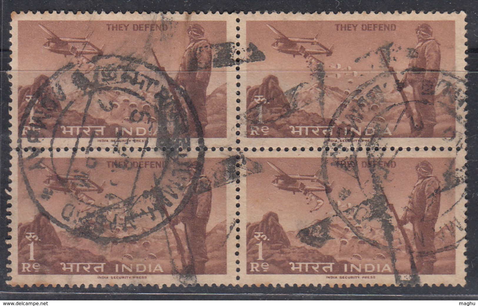 India Used Block Of 4,  1963, Defence Campaign, Airplane, Parachute, Army, Soldier, - Fallschirmspringen