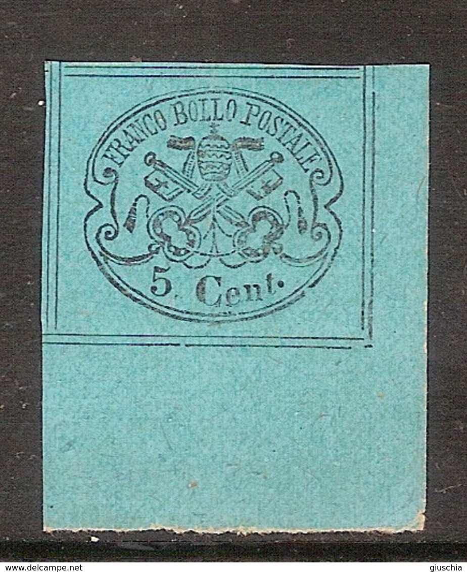 (Fb).A.Stati.Pontificio.1867.-5c Azzurro Celeste Non Dentellato Nuovo,8 Filetti,angolo Di Foglio,carta Colorata (13-17) - Stato Pontificio