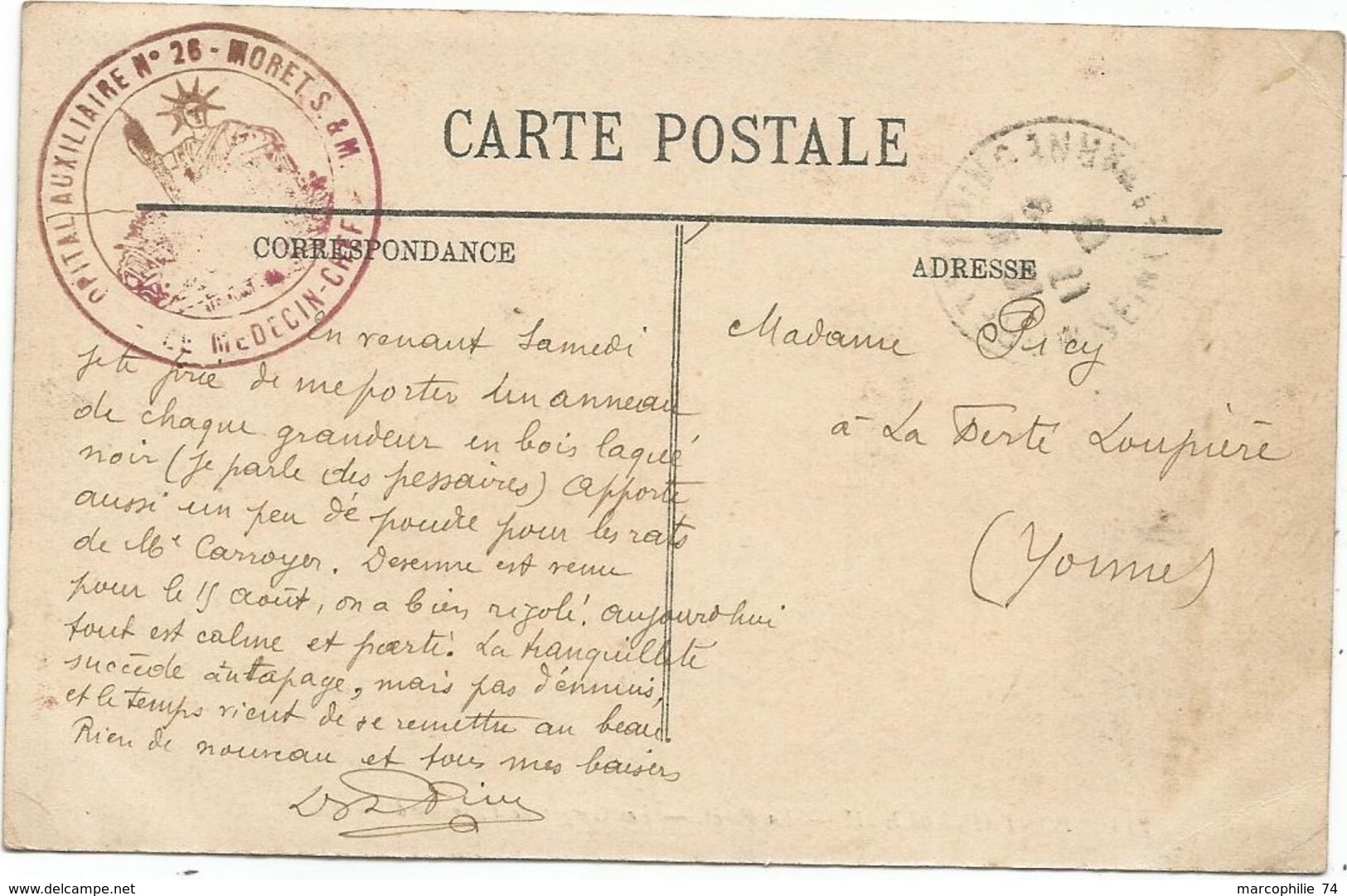 SEINE ET MARNE CARTE FONTAINEBLEAU  1917 CACHET ROUGE HOPITAL AUXILIAIRE N°26 MORET S M LE MEDECIN CHEF - WW I