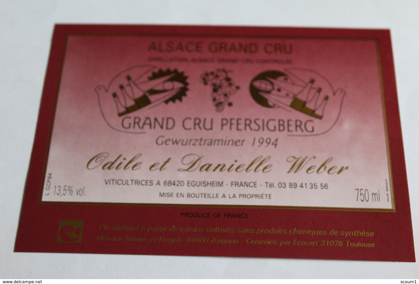 Etiquette Neuve Vin D Alsace  Gewurztraminer 1994 Grand Cru Pfersigberg Odile Et Danielle Weber 13,5o - Gewürztraminer