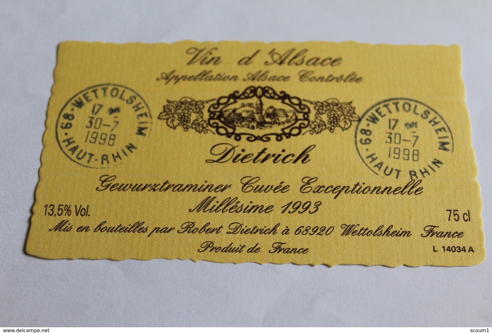 Etiquette Neuve Vin D Alsace  Gewurztraminer    13,5o Dietrich 1993 - Gewurztraminer