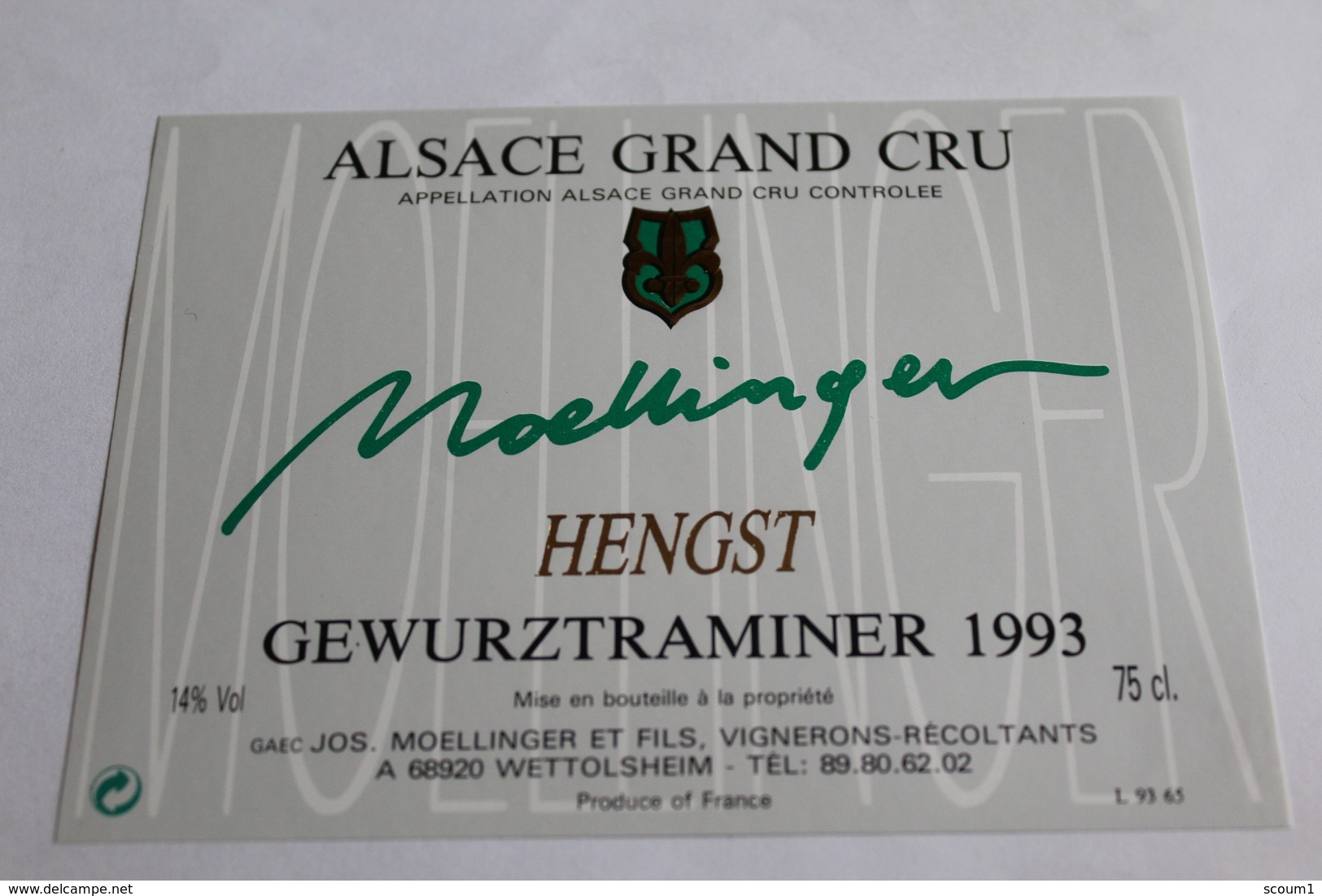 Etiquette Neuve Vin D Alsace  Gewurztraminer  14o Moellinger Hengst  1993 - Gewurztraminer