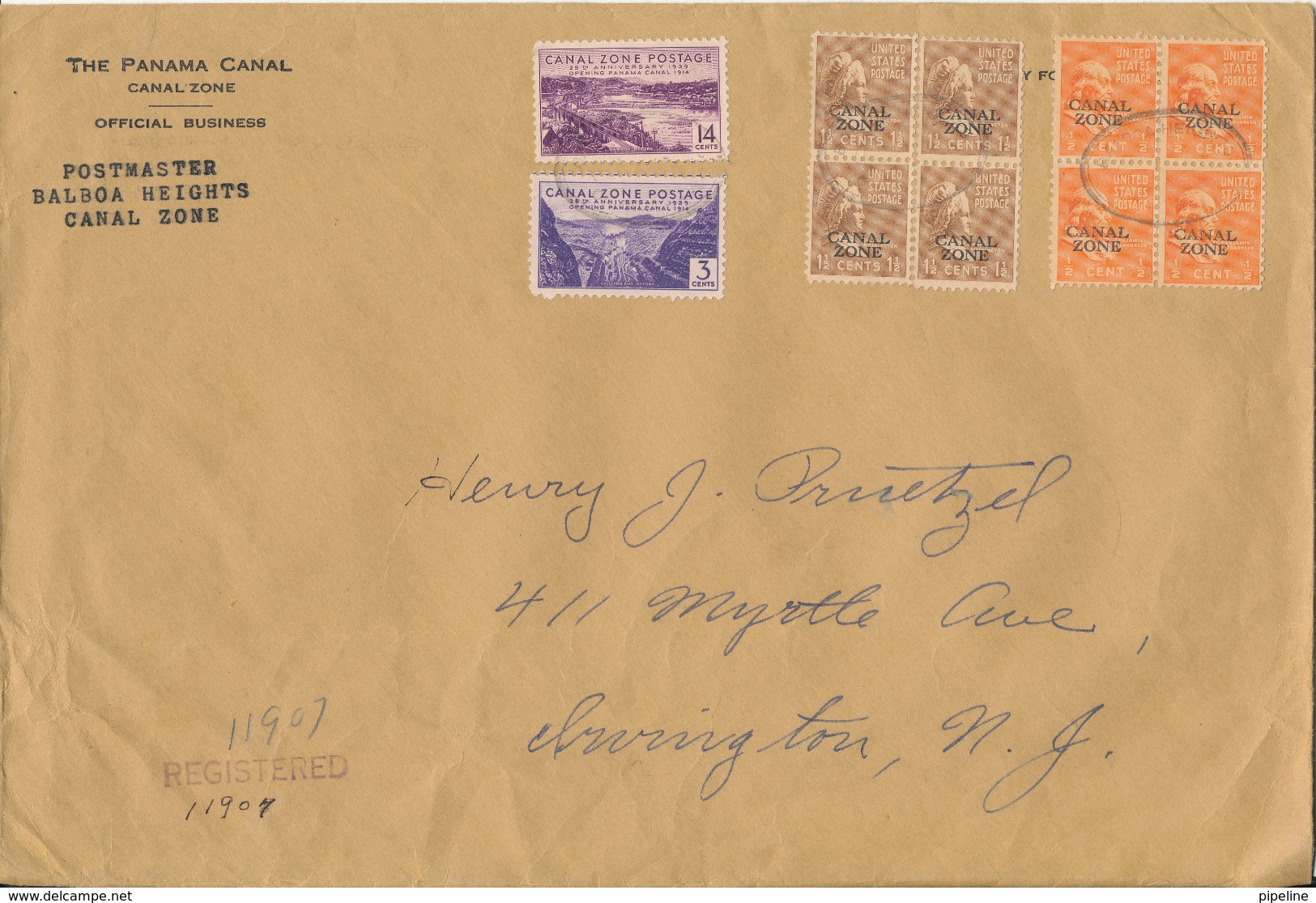 USA Canal Zone Registered Cover 1939 With 2 Block Of 4 Overprinted Stamps Big Size Cover (more Postmarks On The Backside - Kanalzone