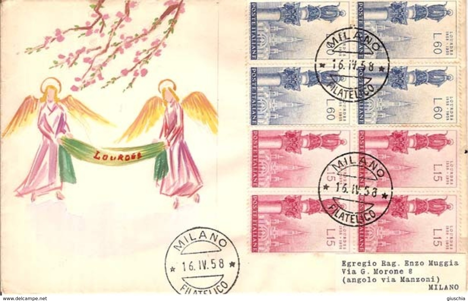 (St.Post.).Repubblica.1958.Serie "Lourdes" In Quartina Su FDC (48-17) - FDC