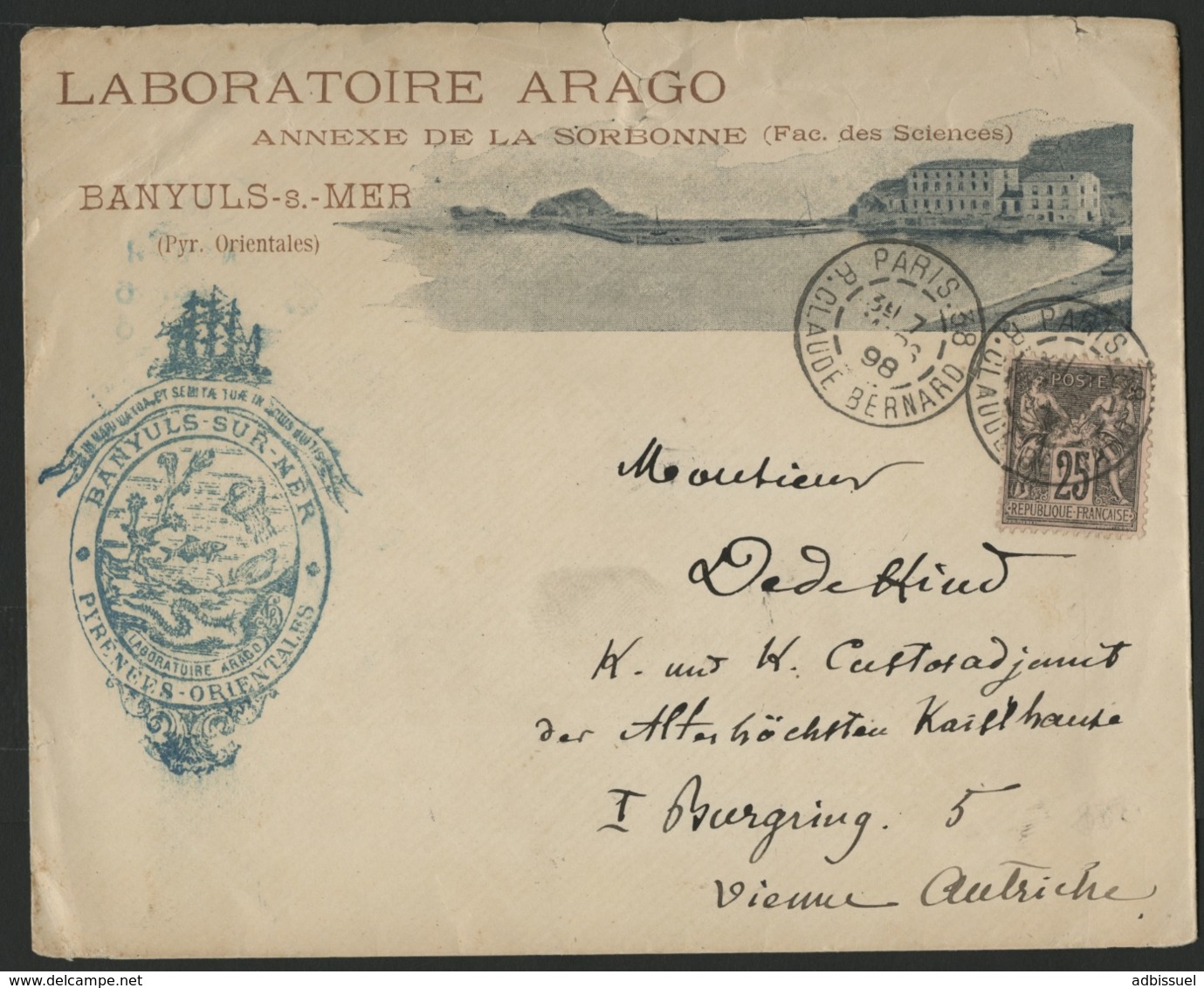 1898, N°97 Sur Enveloppe Avec Photo Représentant La Baie De Banyuls-s-mer Avec En Tête 'LABORATOIRE ARAGO" - 1877-1920: Période Semi Moderne