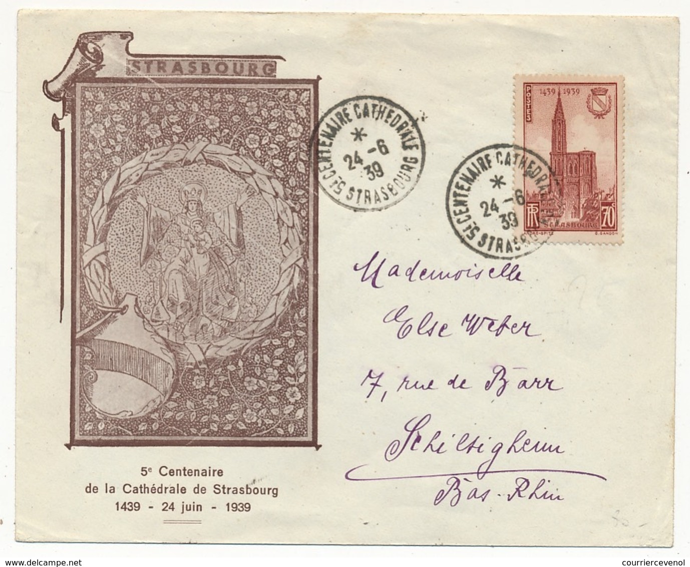 FRANCE - Enveloppe Et Carte Avec Cachet "5eme Centenaire Cathédrale De Strasbourg"  24/6/1939 - Cachets Commémoratifs