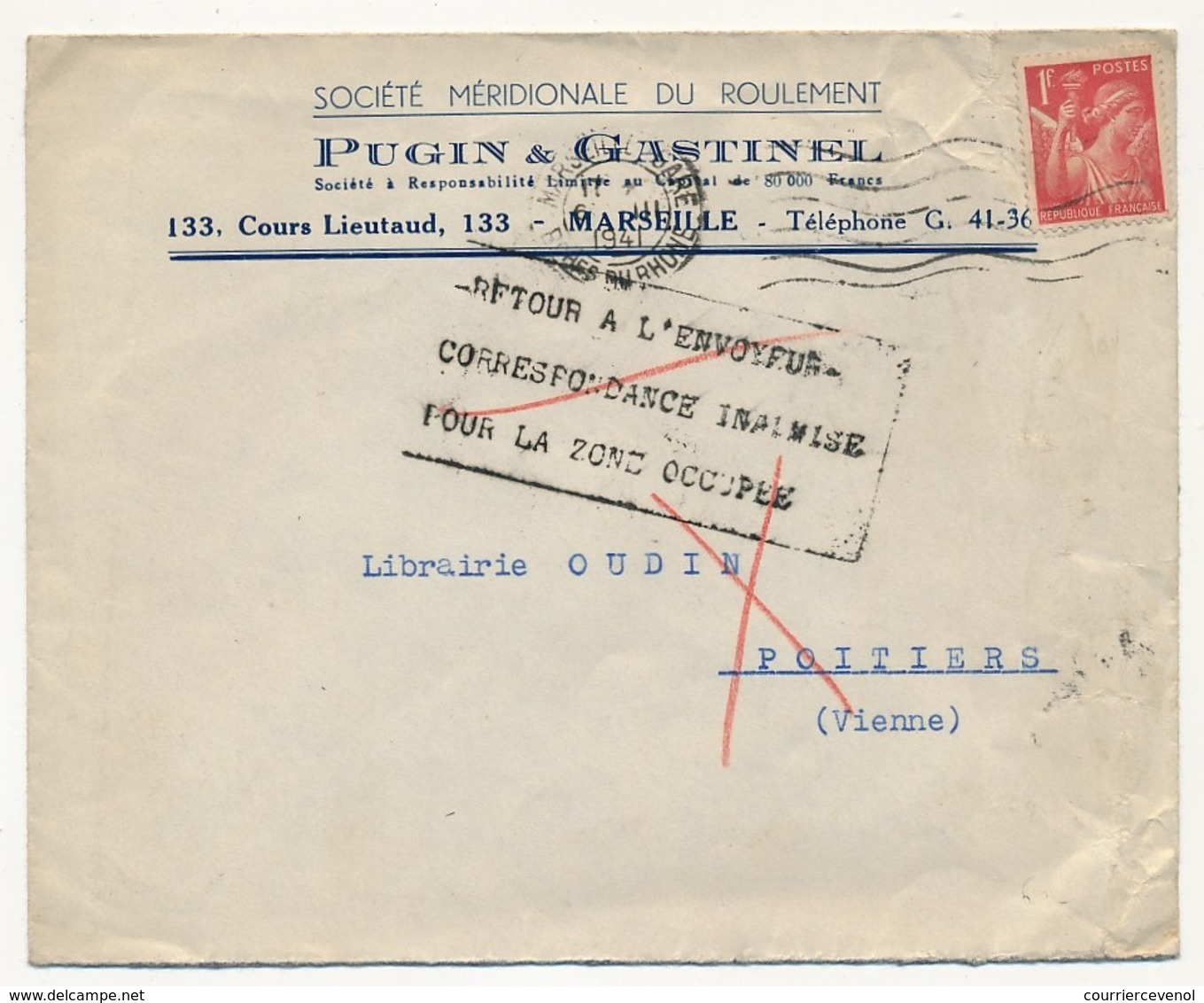 FRANCE - Enveloppe Affr 1F Iris Depuis Marseille 1941 - Retour Envoyeur - Correspondance Inadmise Pour Zone Occupée - Lettres & Documents