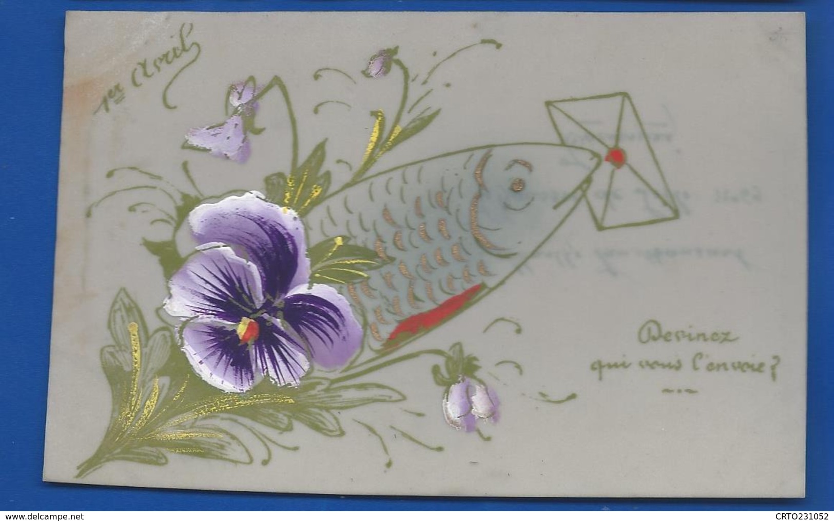 Carte En Celluloid    Peinture Fleurs Poisson    1° Avril - April Fool's Day