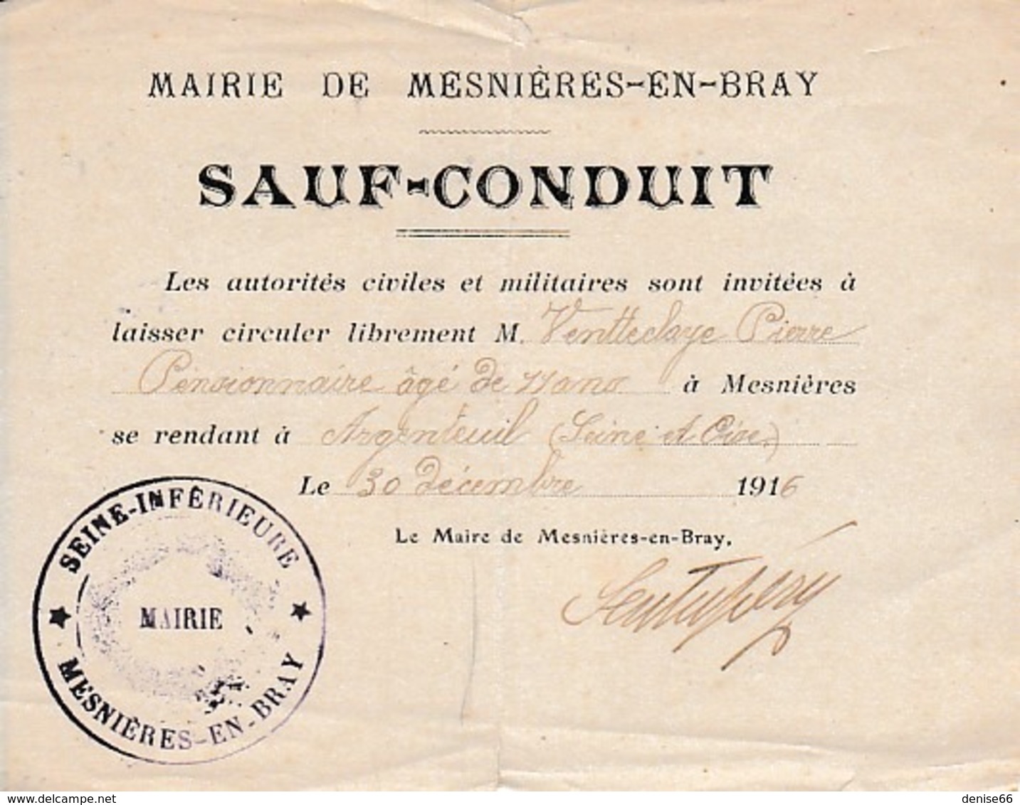 WW1 1916 - SAUF-CONDUIT Pour Un Pensionnaire De MESNIERES-en-BRAY Pour ARGENTEUIL - Documents Historiques