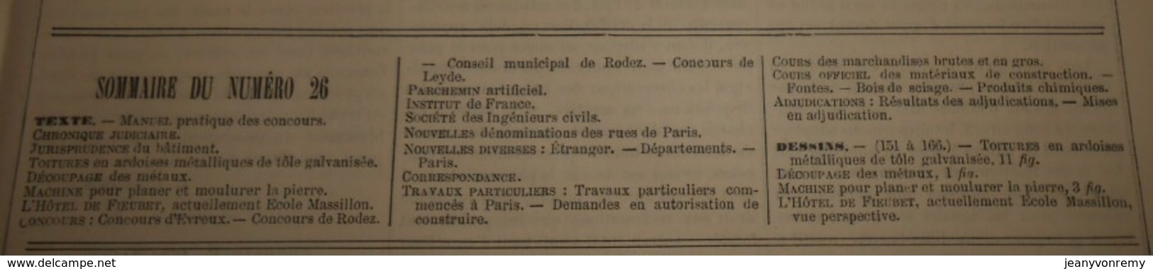 La Semaine Des Constructeurs. N°26. 29 Décembre 1877.L'Hôtel De Fieubet. Découpage Des Métaux. - Revistas - Antes 1900