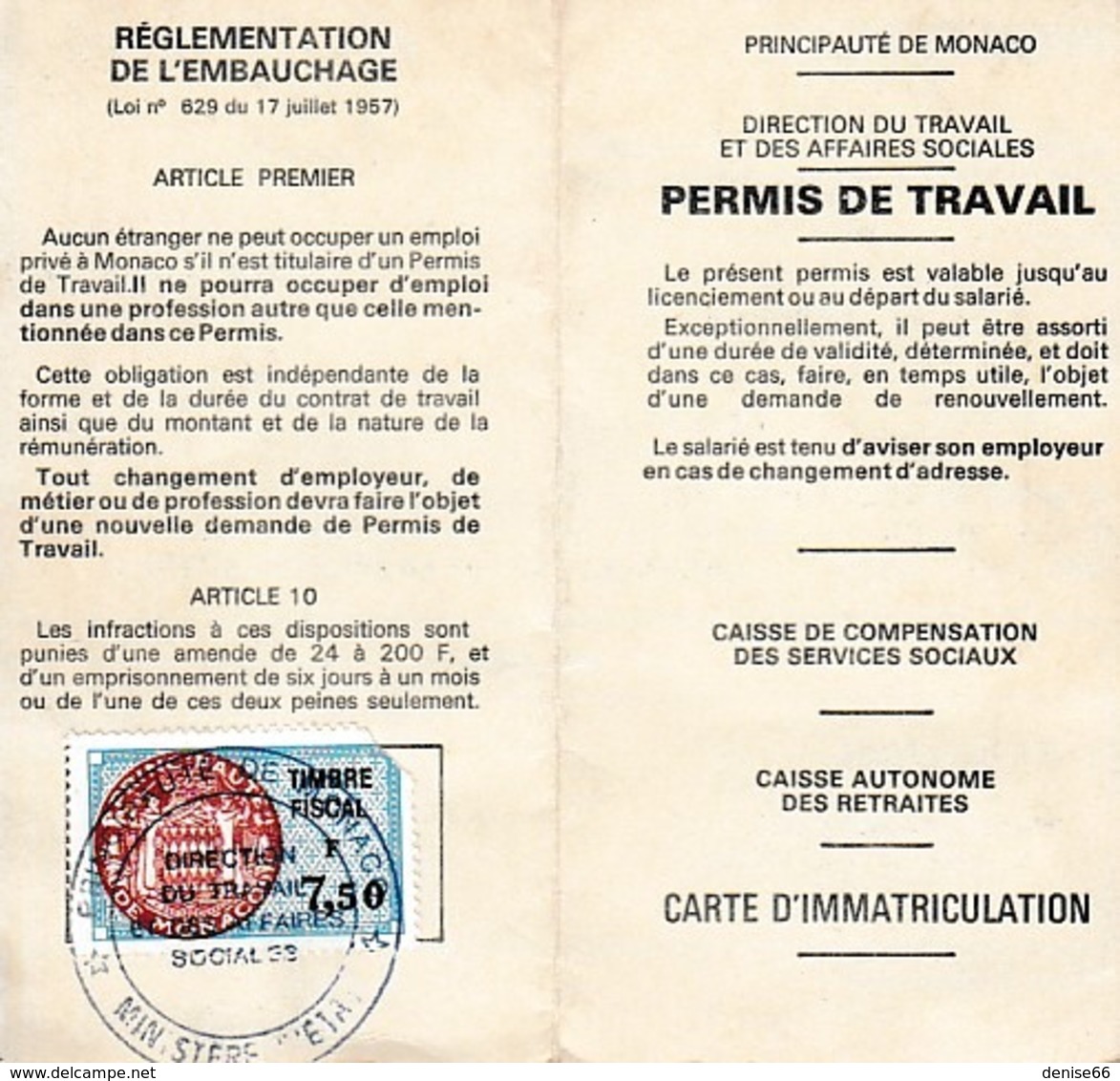 1988 - MONTE-CARLO - PERMIS DE TRAVAIL - RUELLE & Cie 15 Galerie Charles III - Documenti Storici