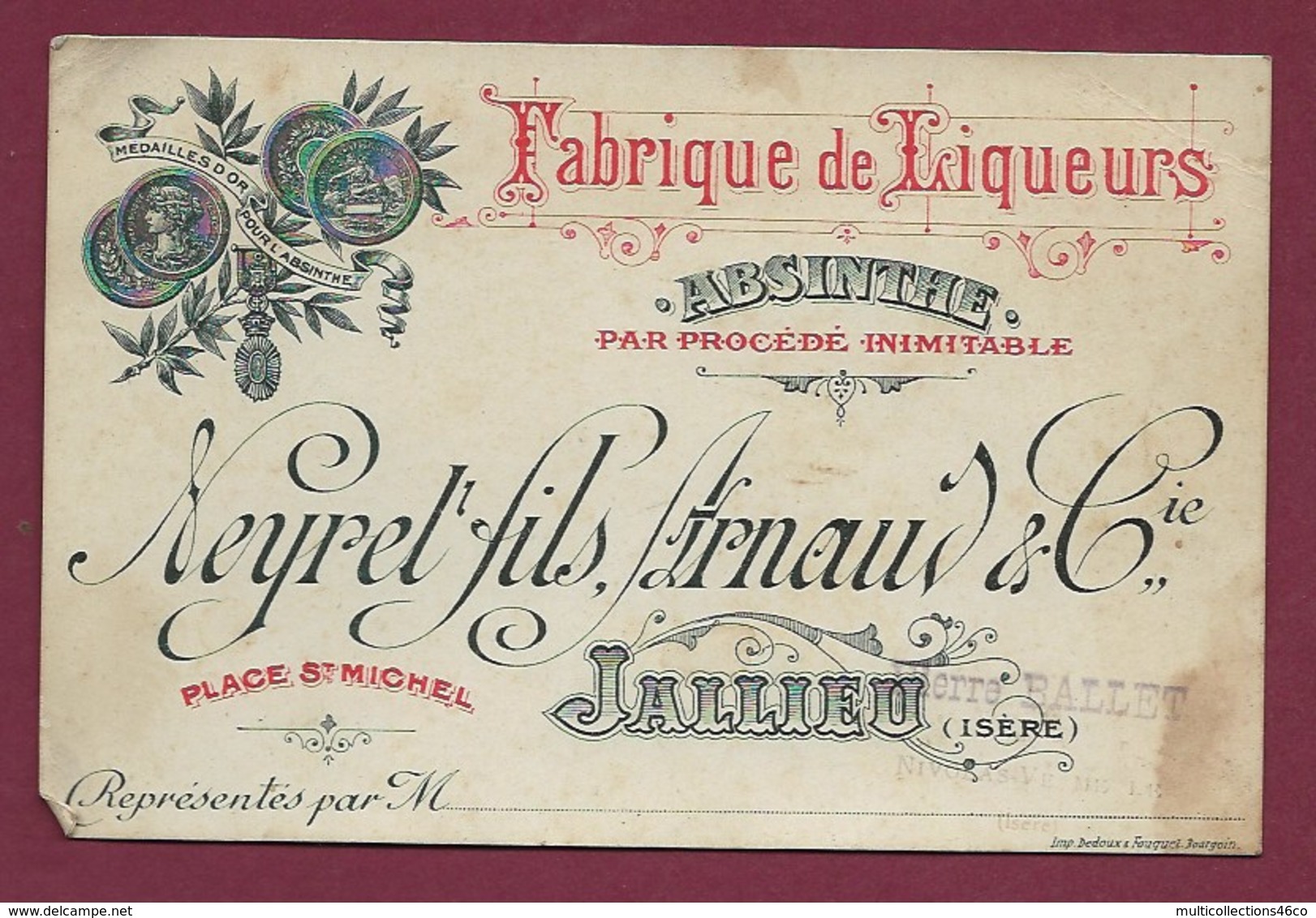 280919 - Carte De Visite 38 JALLIEU Fabrique Iqueurs ABSINTHE NEYRET Fils ARNAUD & Cie Place St Michel NIVOLAS VERMELLE - Jallieu