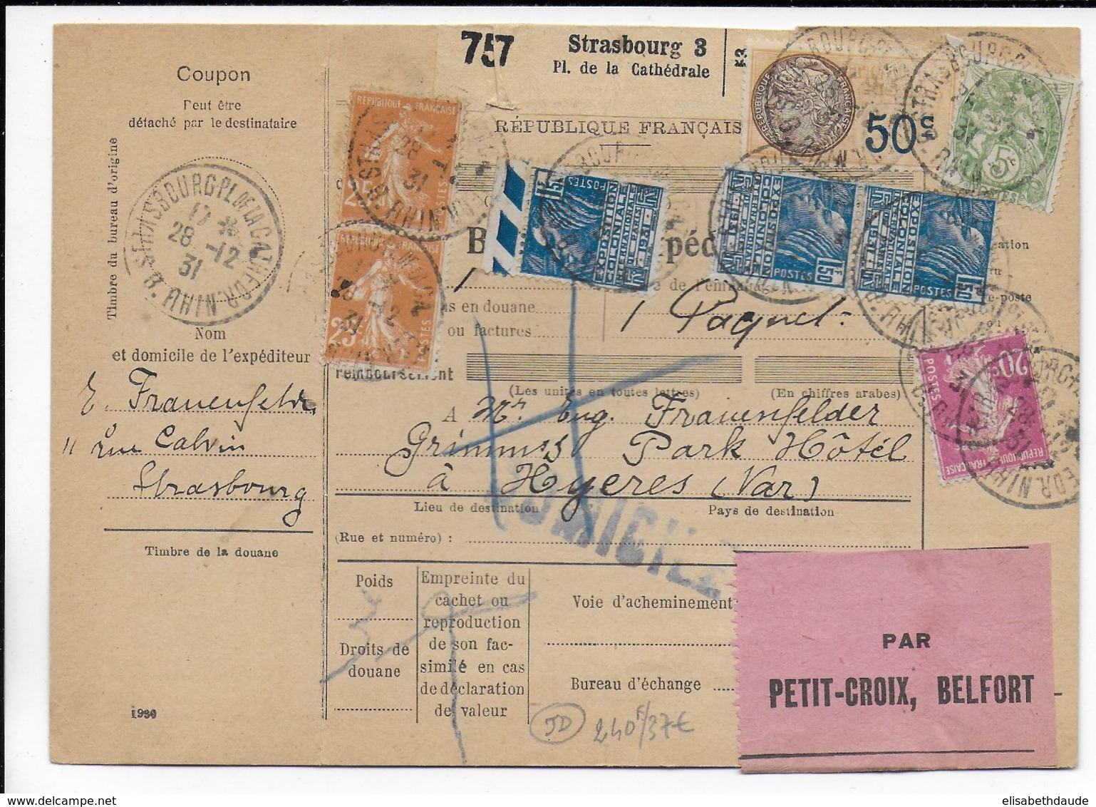 1931 - COLIS POSTAUX D'ALSACE - BULLETIN Avec FISCAL 50c + SEMEUSE + EXPO 31 De STRASBOURG => HYERES - Cartas & Documentos